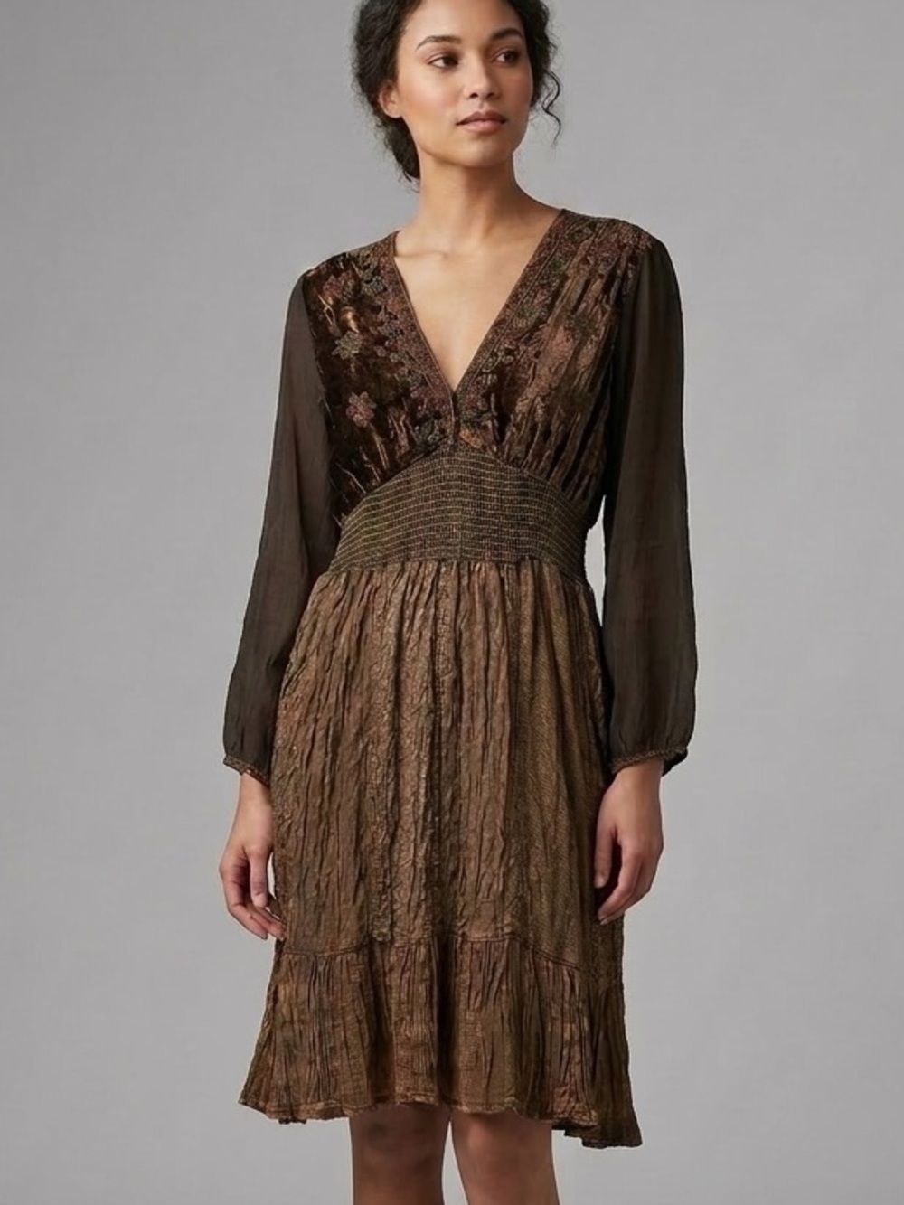 Brown V-Neck Smocked Waist Long-Sleeve Dress